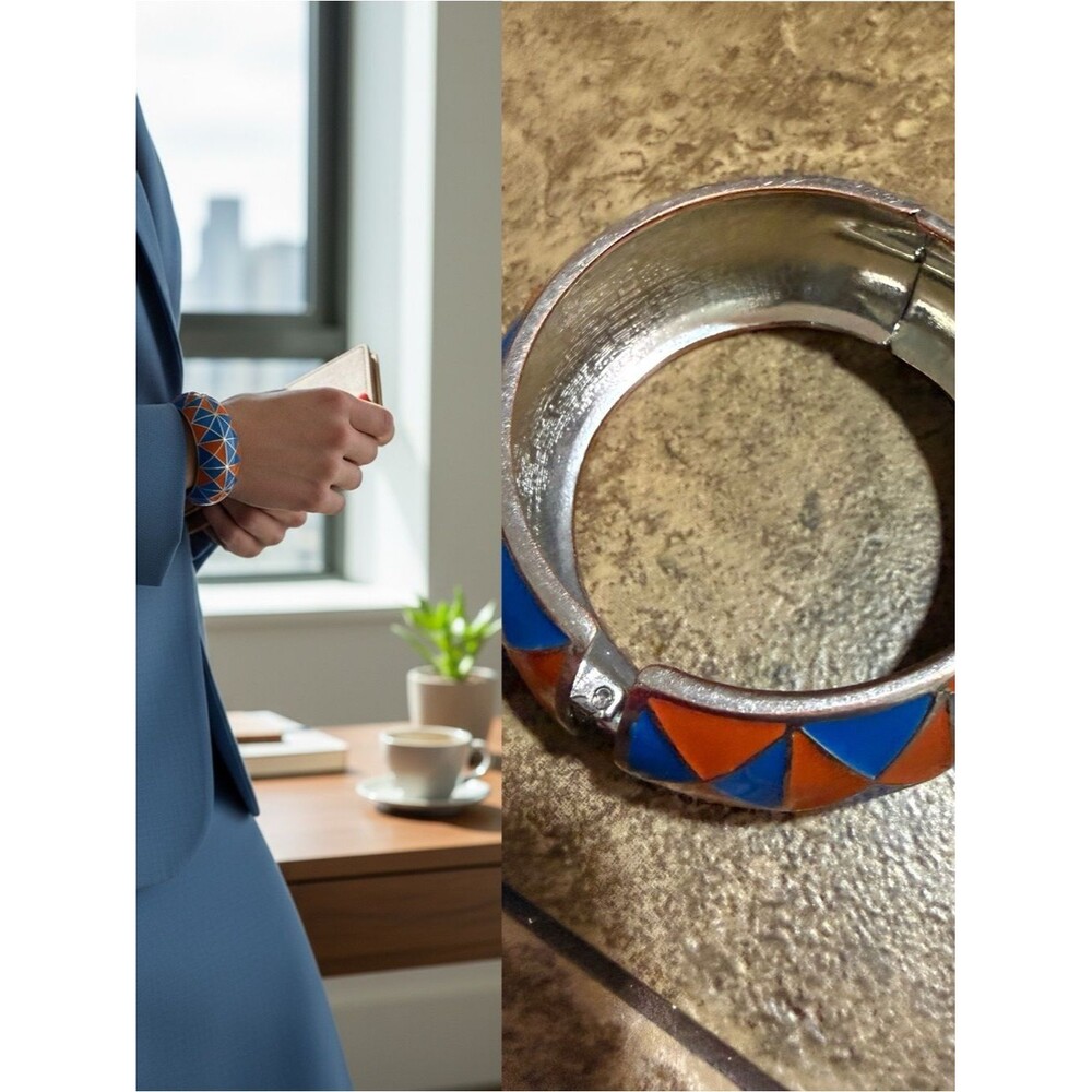 Geometric Enamel Hinged Bangle Bracelet Orange Blue Statement Cuff
